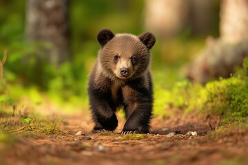 Fototapeta premium A small bear in the forest at dawn