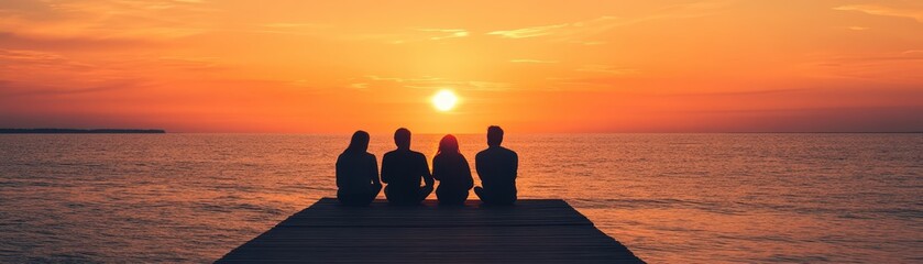 Family sitting on a pier watching the sunset over the ocean, peaceful reflection, connection to nature