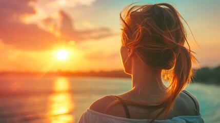 Fototapeta premium Woman Gazing at Vibrant Sunset Over Calm Water, Reflective Moment in Nature Photography