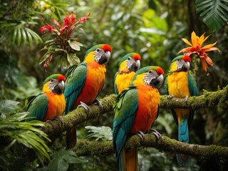 Obraz premium Tropical birds sitting on a tree branch in the rainforest