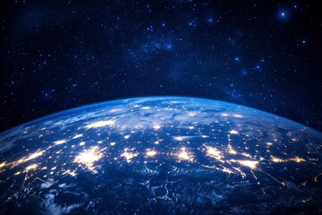 Obraz premium Night planet earth from space with light lines of communication and connection. Business and finance, concept. Global communications system and the World Wide Web. generative ai