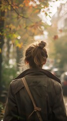 Woman Walking Outdoors in Autumn Light with a Cozy Jacket and Hair in a Bun