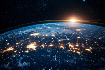 Obraz premium Night planet earth from space with light lines of communication and connection. Business and finance, concept. Global communications system and the World Wide Web. generative ai