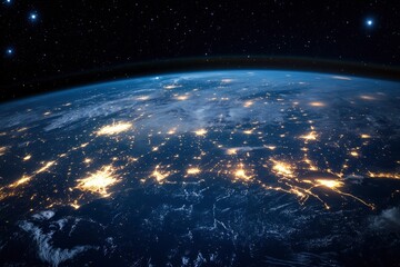 Fototapeta premium Night planet earth from space with light lines of communication and connection. Business and finance, concept. Global communications system and the World Wide Web. generative ai