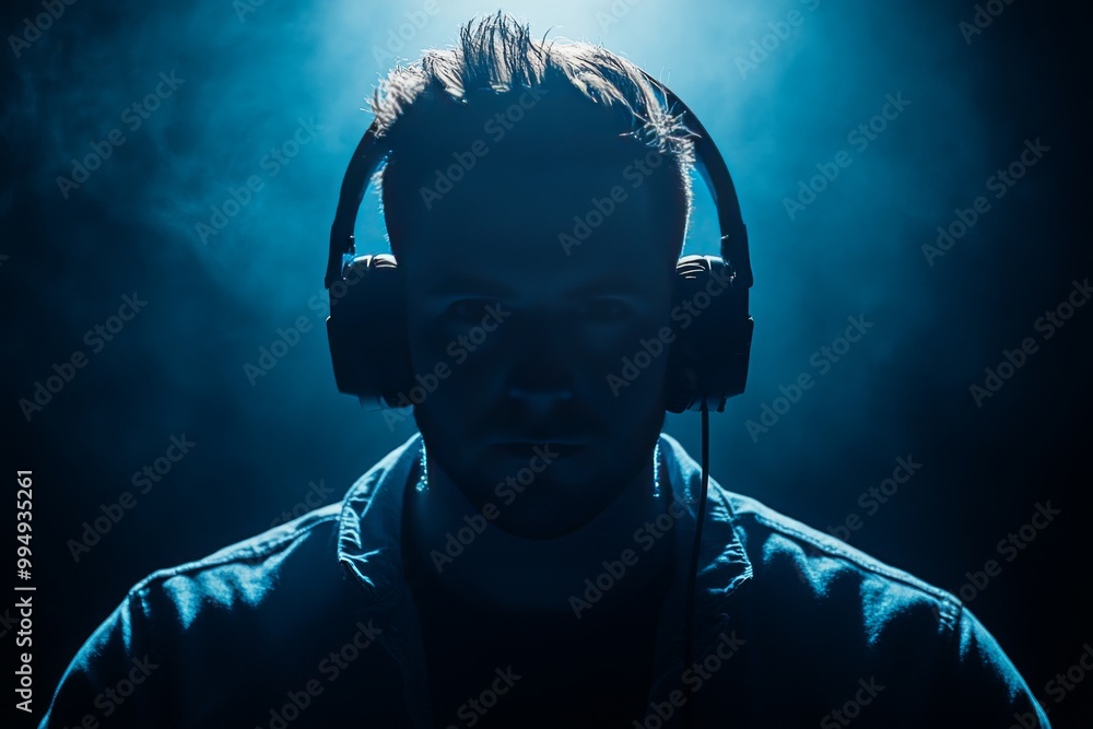 Poster silhouette of a man wearing a headset in a blue and red lit environment symbolizing focus digital pr