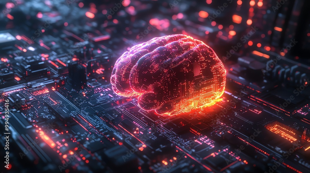 Aufkleber advanced ai supercomputer with a glowing digital mind core, encased in futuristic cyber circuits and