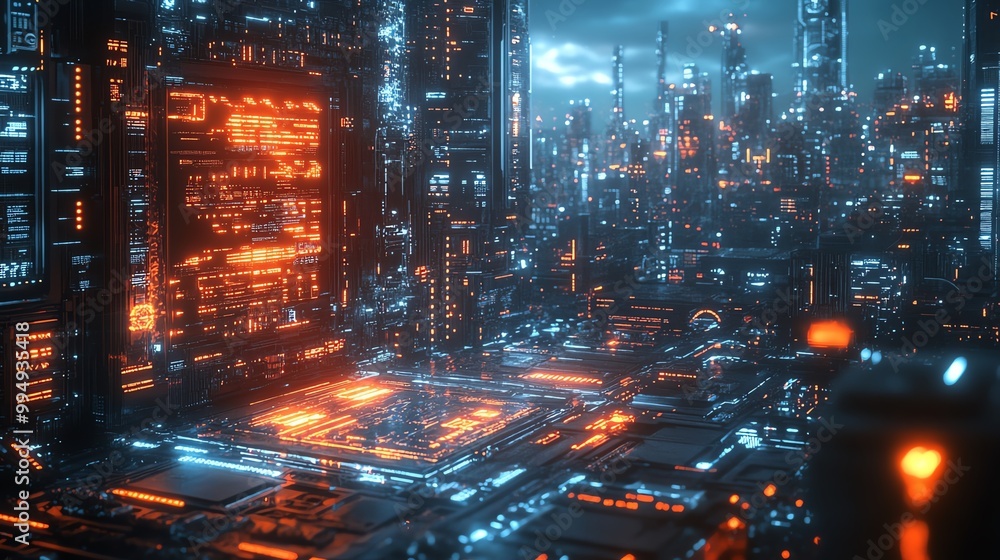 Poster giant cybernetic supercomputer powered by advanced ai, surrounded by glowing data streams and futuri