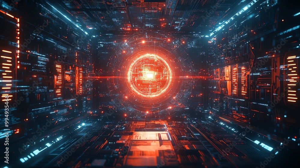 Poster giant cybernetic supercomputer powered by advanced ai, surrounded by glowing data streams and futuri