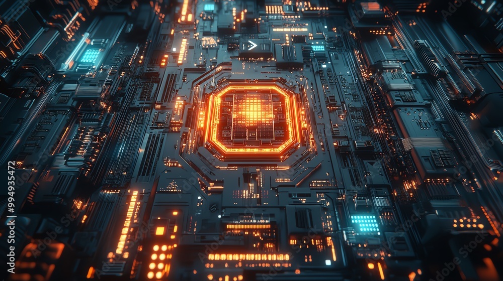 Aufkleber massive futuristic supercomputer with glowing ai core, surrounded by intricate cybernetic circuits a