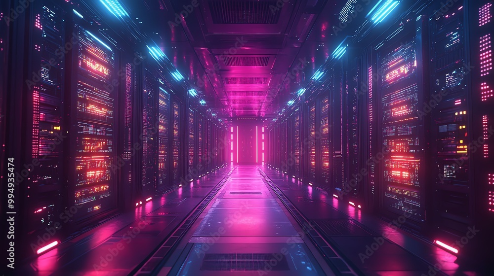Poster giant cybernetic supercomputer powered by advanced ai, surrounded by glowing data streams and futuri