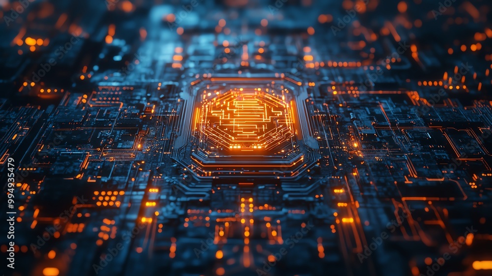 Poster massive futuristic supercomputer with glowing ai core, surrounded by intricate cybernetic circuits a