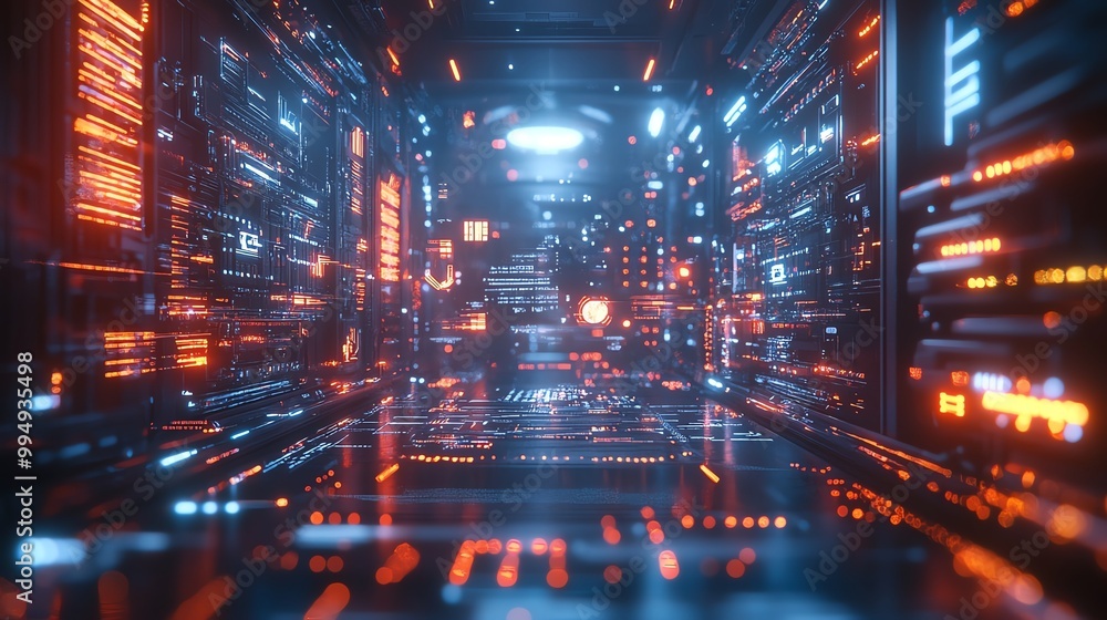 Poster giant cybernetic supercomputer powered by advanced ai, surrounded by glowing data streams and futuri