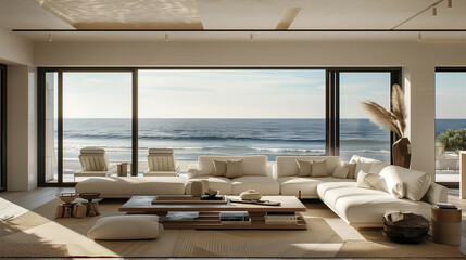 Coastal living room with a large picture window centered behind the sofa, overlooking the ocean and featuring neutral, beach-inspired decor.