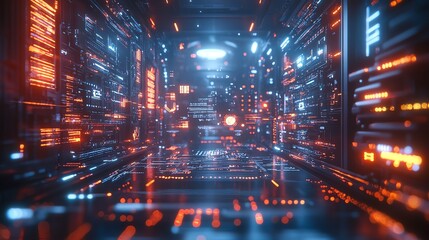 Giant cybernetic supercomputer powered by advanced AI, surrounded by glowing data streams and futuristic interfaces, futuristic AI tech, scifi supercomputer concept
