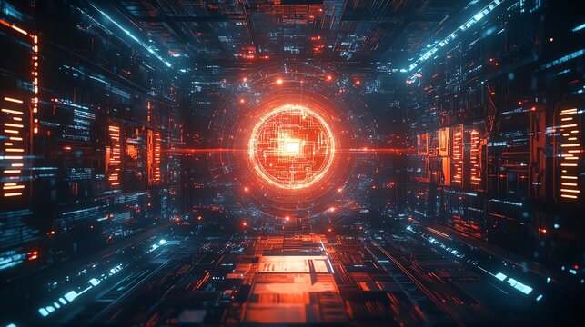 Giant cybernetic supercomputer powered by advanced AI, surrounded by glowing data streams and futuristic interfaces, futuristic AI tech, scifi supercomputer concept