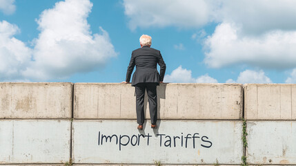 A man in a suit is leaning on a wall with the words Import Tariffs written on it