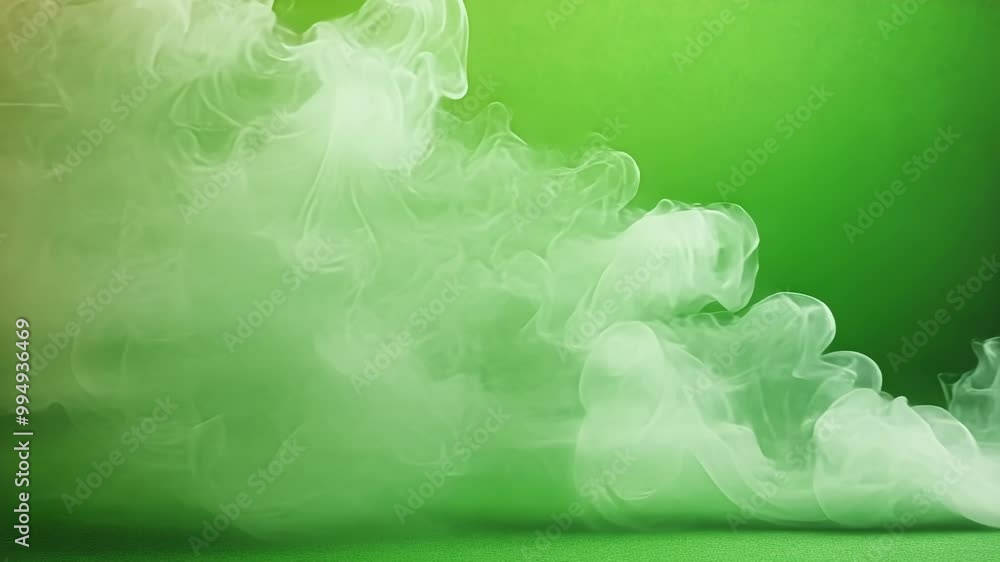 Poster white smoke is rising from the bottom of a solid green screen, creating a beautiful and abstract wav