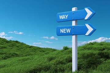 Directional Signpost with 'Way' and 'New' Labels, Bright Green Background, Nature Guidance