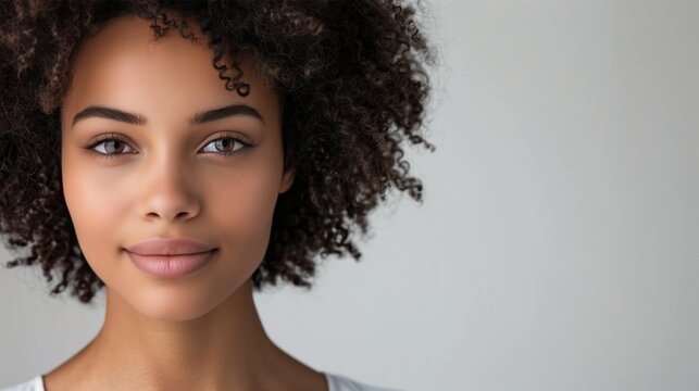 Portrait of a Confident Woman with Curly Hair and Warm Smile, Close-Up Photograph in Minimalist Background