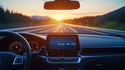 Highway view from inside the car, sun rising in the background,