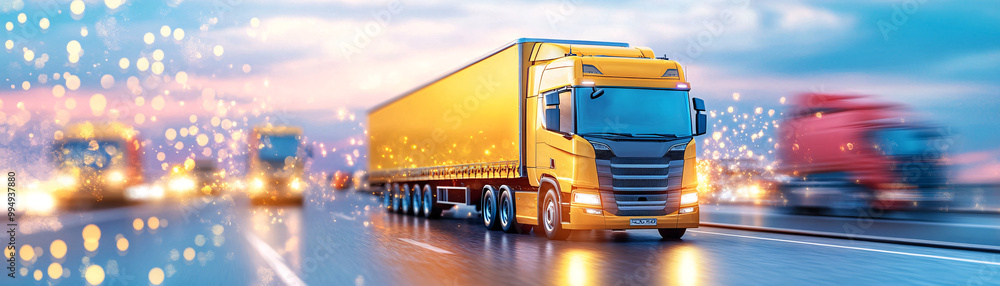 Wall mural a yellow semi truck is driving down a road with other vehicles in the background. concept of motion 