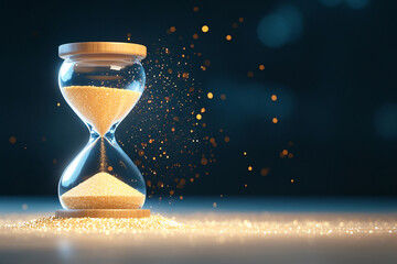 A sand timer is shown with a lot of sparkles around it. Concept of time passing and the fleeting nature of time