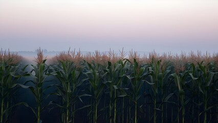 Serene cornfield at sunrise with golden hues and misty horizon