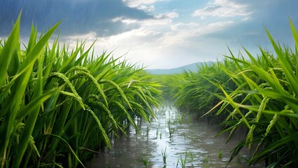 Fototapeta premium Vibrant rice paddy field glistening after summer rainstorm