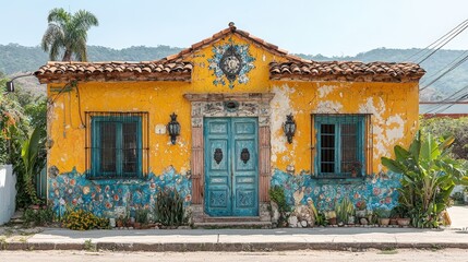 Fototapeta premium Yellow House with Blue Door