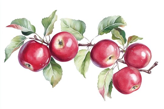 Botanical coloured drawing of a apple tree branch full with ripe red apples and leaves