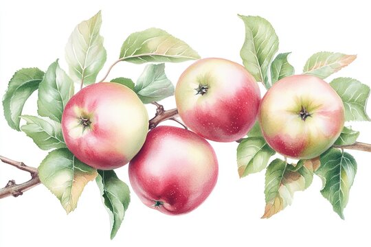 rosy pale red and green apples on a branch with leaves, botanical illustration, isolated on white background. 3:2