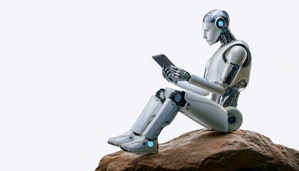 A humanoid robot sits on a rock against a backdrop of mountains, reading an e-book and thinking