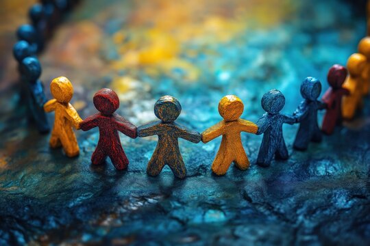 Bonecos coloridos de m&atilde;os dadas, simbolizando a uni&atilde;o da humanidade em sua diversidade. Uma mensagem de paz, igualdade e fraternidade entre todos os povos.