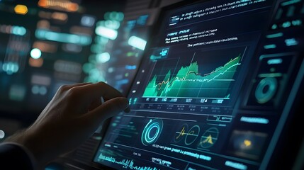 Hand Interacting with a Digital Screen Displaying Data and Charts