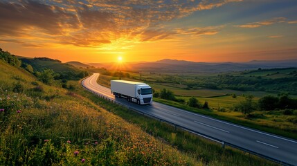 A white truck drives on a winding road, surrounded by green fields and a colorful sunset.