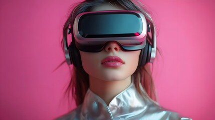 Naklejka premium A young woman in a high-tech suit engages in a virtual reality combat simulation and hues of colors