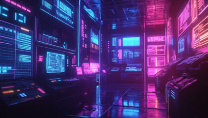 Obraz premium A retro-futuristic design with neon grids, VHS glitches, and pixelated elements, taking inspiration from 80s sci-fi movies and video games