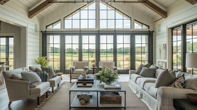 Modern farmhouse living room interior design with a large barn-style window, framing a rustic countryside view and complementing the cozy furniture.