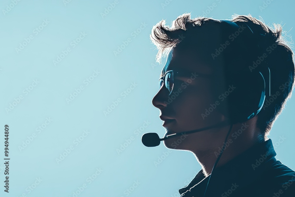 Poster side profile of a man wearing a headset in a blue environment symbolizing modern communication tech 
