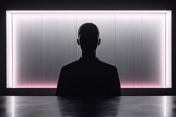 Obraz premium Silhouette of a person standing in front of a large glowing frame symbolizing focus digital introspection and tech driven creativity in a minimalist setting