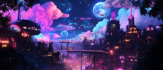 A sprawling fantasy cityscape illuminated by neon lights, blending enchanted forests with urban streets, whimsical clouds above