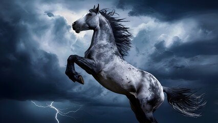 Spirited gray dappled horse rearing against stormy sky