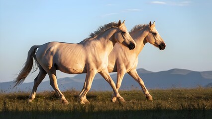 Obraz premium Palomino horses trotting in open meadow during golden hour
