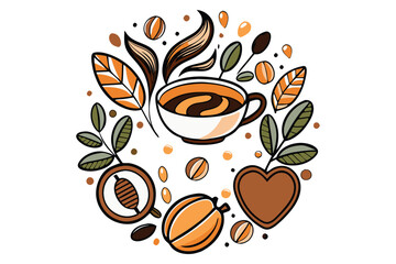 Colorful Coffee-Themed Illustration with Beans, Leaves, and Cup Vector Template for T-shirt, Banner, Greeting Card, and Poster with Background.
