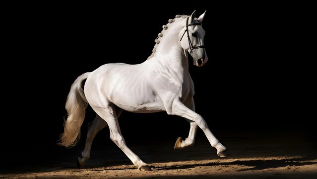 Lipizzaner horse performing levade in sunset arena