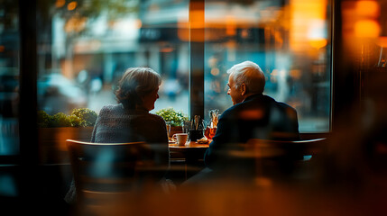 couple enjoying cozy moment together at cafe, sharing smiles and conversation over coffee and pastries. warm ambiance creates romantic atmosphere. 