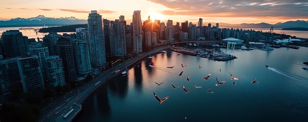 Naklejka premium Aerial view of a city where drones mimic bird formations, vibrant sunset reflecting on skyscrapers