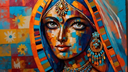 Obraz premium Colorful Portrait of Traditional Woman Elegant Jewelry Artistic Expression Style