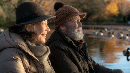Obraz premium Happy middle-aged couple sitting on a park bench, smiling and enjoying the serene lake view with ducks swimming, symbolizing life satisfaction and contentment.