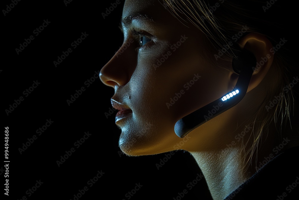 Poster side profile of a woman wearing a futuristic glowing headset symbolizing tech driven communication m
